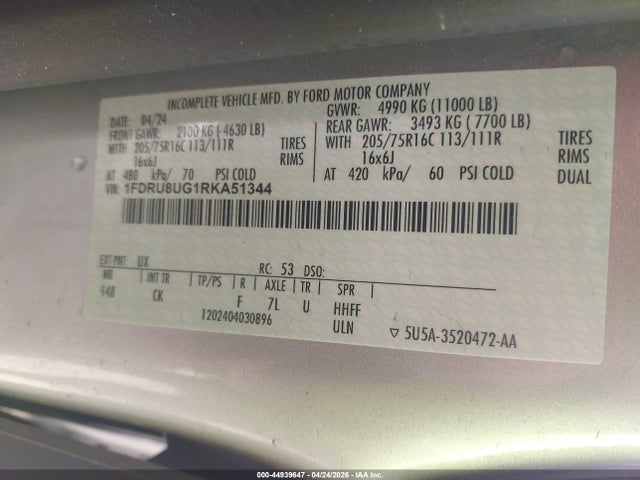 Aukcja sprzedaży 2024 Ford Transit-350 Cargo Van, vin: 1FDRU8UG1RKA51344, numer aukcji: 44939647