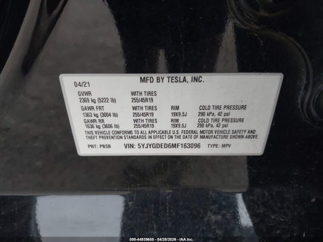 Продаж на аукціоні авто 2021 Tesla Model Y Standard Range Rear-wheel Drive, vin: 5YJYGDED6MF163096, номер лоту: 44939655