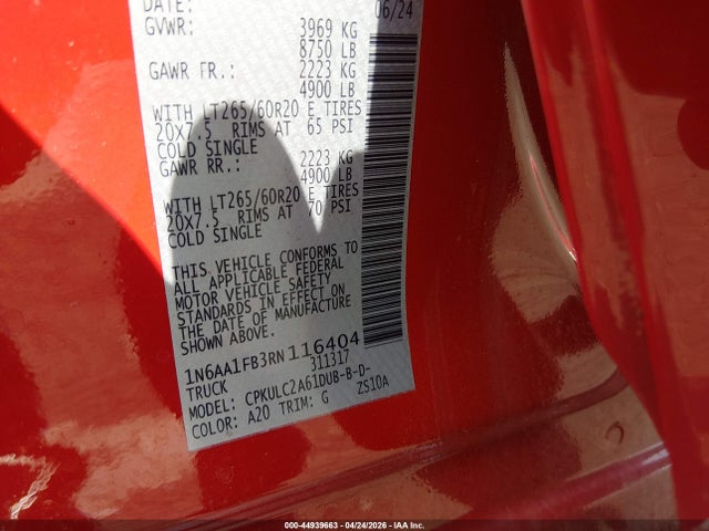 Aukcja sprzedaży 2024 Nissan Titan Xd Sv 4x4, vin: 1N6AA1FB3RN116404, numer aukcji: 44939663