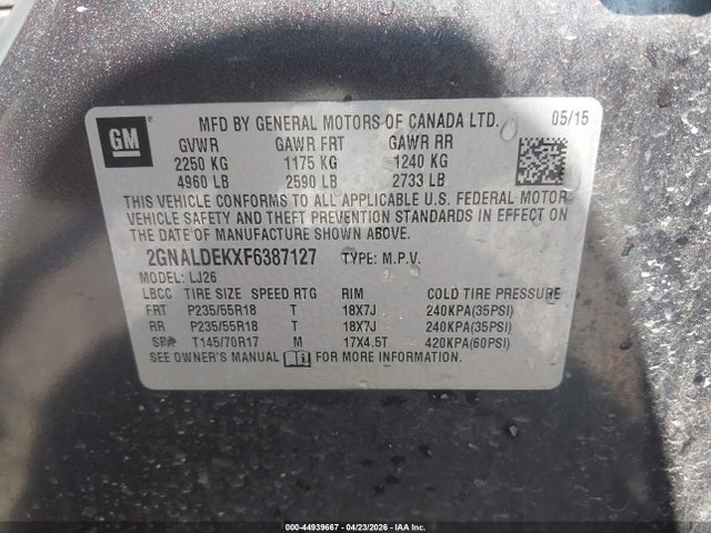 Aukcja sprzedaży 2015 Chevrolet Equinox Ltz, vin: 2GNALDEKXF6387127, numer aukcji: 44939667