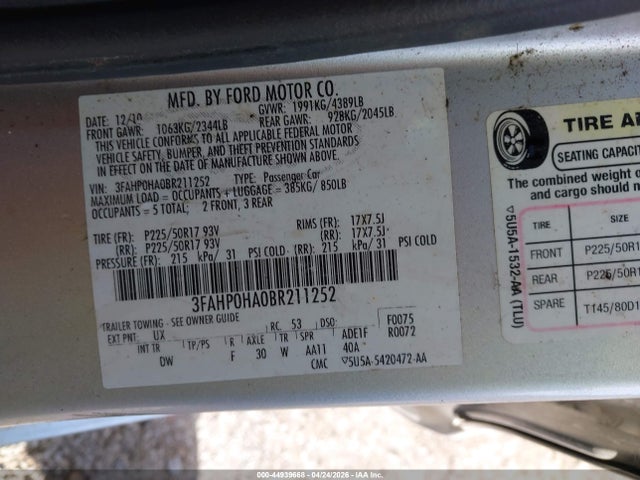 Продажа на аукционе авто 2011 Ford Fusion Se, vin: 3FAHP0HA0BR211252, номер лота: 44939668