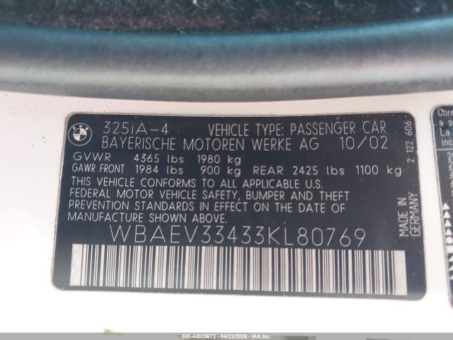 2003 Bmw 325i მანქანა იყიდება აუქციონზე, vin: WBAEV33433KL80769, აუქციონის ნომერი: 44939672