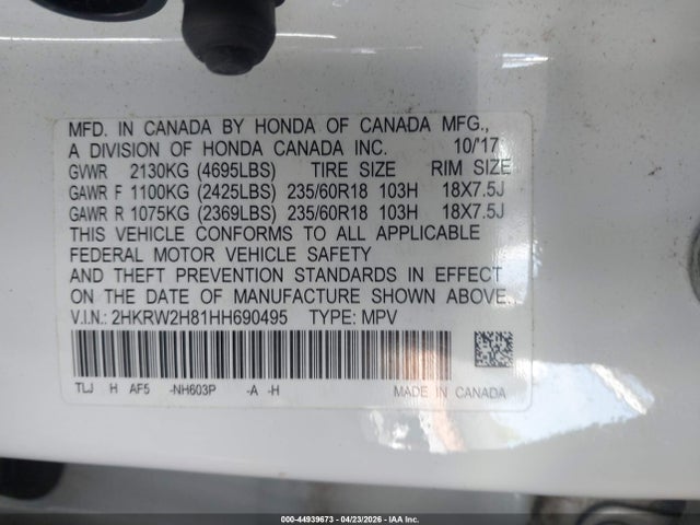 2017 Honda Cr-v Ex-l/ex-l Navi მანქანა იყიდება აუქციონზე, vin: 2HKRW2H81HH690495, აუქციონის ნომერი: 44939673