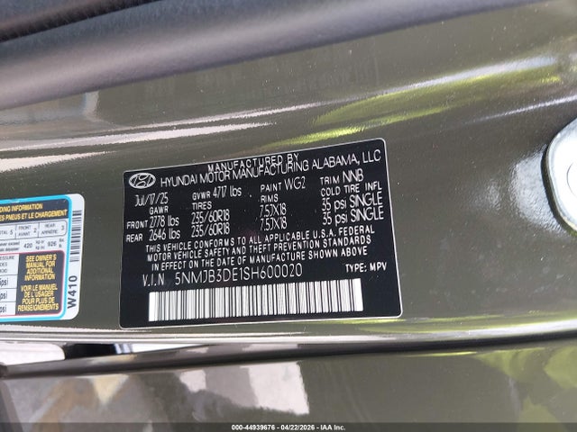 Aukcja sprzedaży 2025 Hyundai Tucson Sel, vin: 5NMJB3DE1SH600020, numer aukcji: 44939676