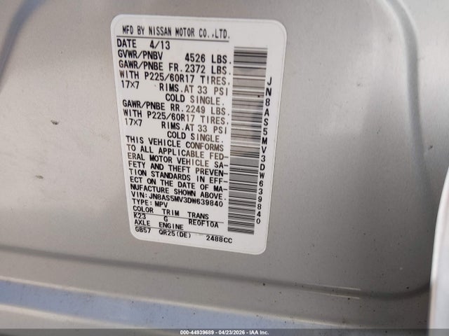 Продажа на аукционе авто 2013 Nissan Rogue Sv, vin: JN8AS5MV3DW639840, номер лота: 44939689