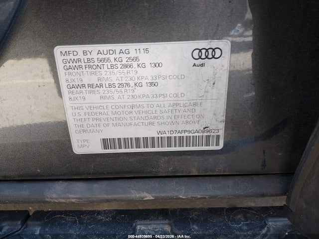 44939695 :رقم المزاد ، WA1D7AFP9GA089623 vin ، 2016 Audi Q5 3.0t Premium Plus مزاد بيع
