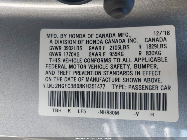 Продажа на аукционе авто 2019 Honda Civic Touring, vin: 2HGFC3B98KH351477, номер лота: 44939701