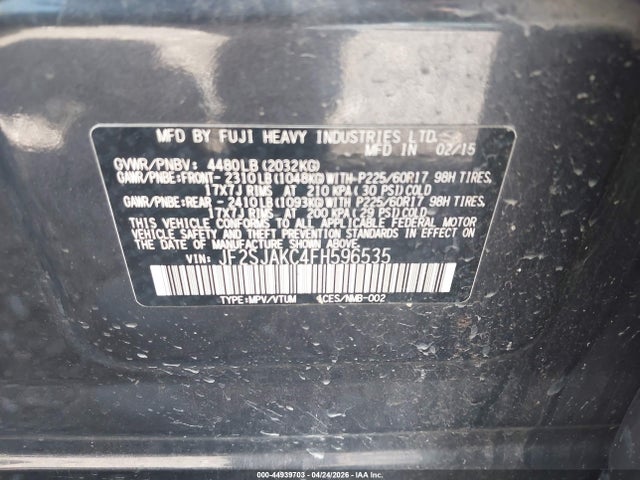 Aukcja sprzedaży 2015 Subaru Forester 2.5i Limited, vin: JF2SJAKC4FH596535, numer aukcji: 44939703