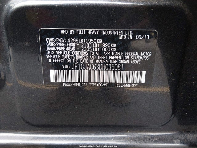 Продажа на аукционе авто 2013 Subaru Impreza 2.0i Premium, vin: JF1GJAC63DH035081, номер лота: 44939707