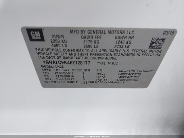 Продажа на аукционе авто 2015 Chevrolet Equinox 2lt, vin: 1GNALCEK4FZ128177, номер лота: 44939717