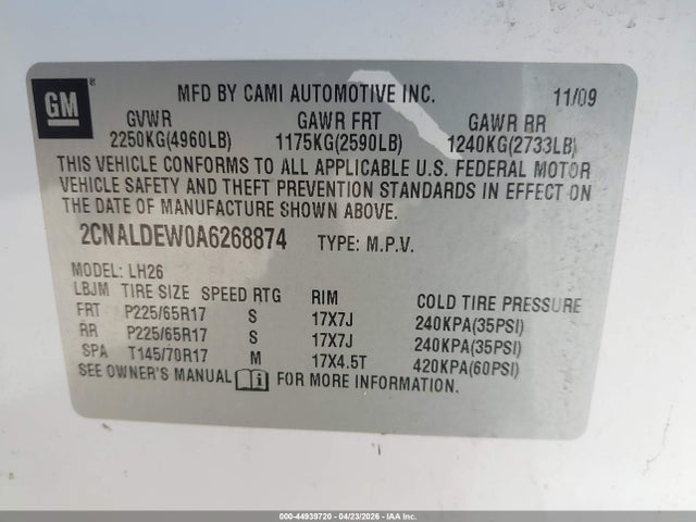 Aukcja sprzedaży 2010 Chevrolet Equinox Lt, vin: 2CNALDEW0A6268874, numer aukcji: 44939720
