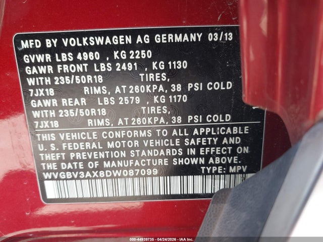 44939735 :رقم المزاد ، WVGBV3AX8DW087099 vin ، 2013 Volkswagen Tiguan Se مزاد بيع