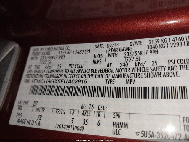 2015 Ford Escape Se მანქანა იყიდება აუქციონზე, vin: 1FMCU9GX5FUA02915, აუქციონის ნომერი: 44939737