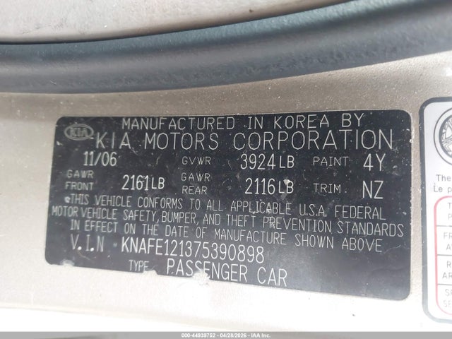 Auction sale of the 2007 Kia Spectra Ex, vin: KNAFE121375390898, lot number: 44939752