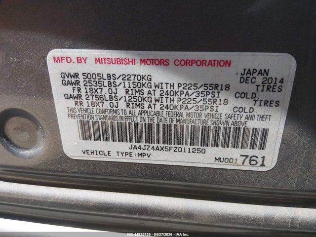 Aukcja sprzedaży 2015 Mitsubishi Outlander Gt, vin: JA4JZ4AX5FZ011250, numer aukcji: 44939755