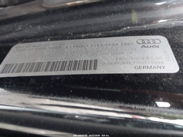 44939765 :رقم المزاد ، WAUPN44E77N012508 vin ، 2007 Audi S8 5.2 مزاد بيع