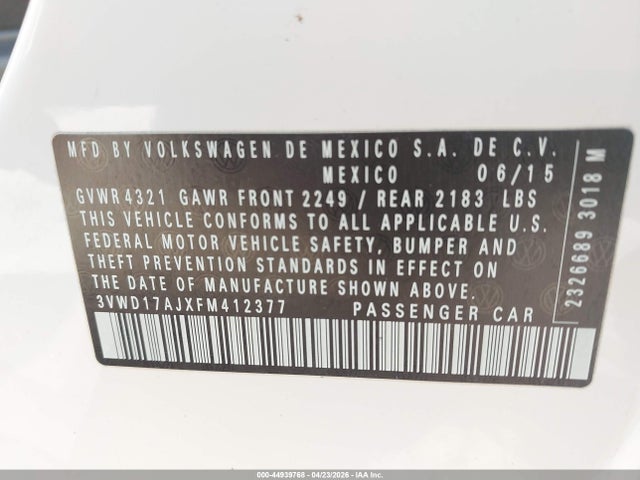 Aukcja sprzedaży 2015 Volkswagen Jetta 1.8t Se, vin: 3VWD17AJXFM412377, numer aukcji: 44939768
