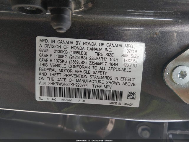 44939770 :رقم المزاد ، 2HKRW6H32KH223976 vin ، 2019 Honda Cr-v Lx مزاد بيع