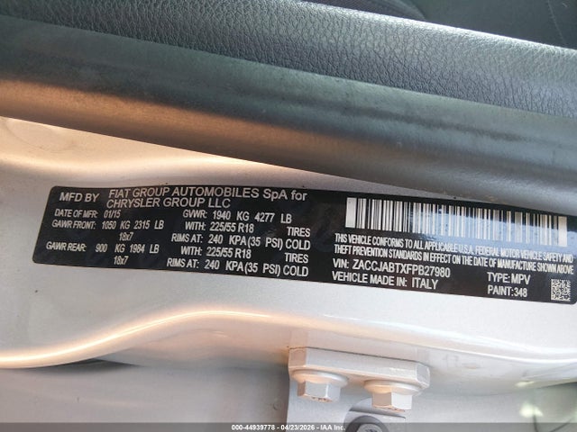 Продаж на аукціоні авто 2015 Jeep Renegade Latitude, vin: ZACCJABTXFPB27980, номер лоту: 44939778