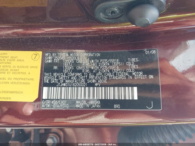 44939779 :رقم المزاد ، JTJHW31U182050021 vin ، 2008 Lexus Rx 400h مزاد بيع