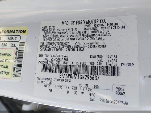 Продажа на аукционе авто 2016 Ford Fusion Se, vin: 3FA6P0H71GR296637, номер лота: 44939823