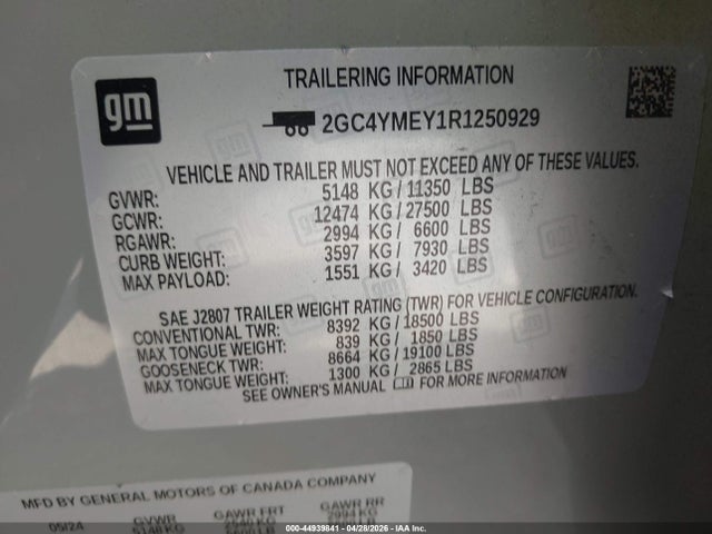 44939841 :رقم المزاد ، 2GC4YMEY1R1250929 vin ، 2024 Chevrolet Silverado 2500hd 4wd  Standard Bed Custom مزاد بيع