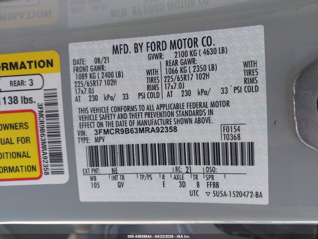 Продаж на аукціоні авто 2021 Ford Bronco Sport Big Bend, vin: 3FMCR9B63MRA92358, номер лоту: 44939844