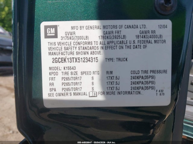 2005 Chevrolet Silverado 1500 Z71 მანქანა იყიდება აუქციონზე, vin: 2GCEK13TX51234315, აუქციონის ნომერი: 44939847