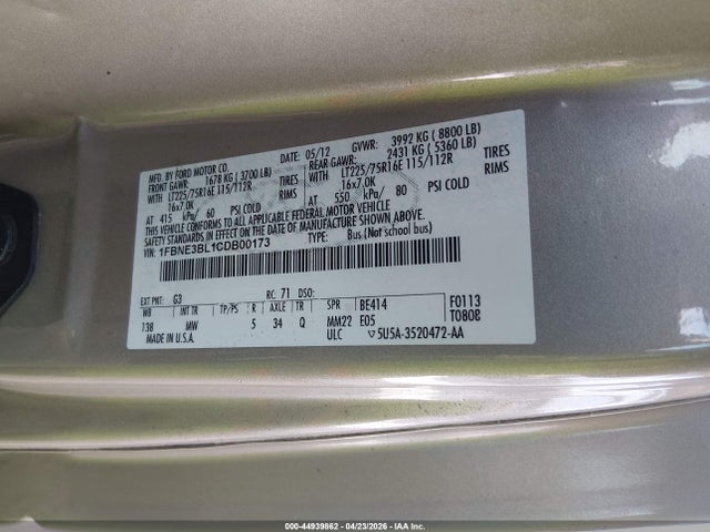 Aukcja sprzedaży 2012 Ford E-350 Super Duty Xlt, vin: 1FBNE3BL1CDB00173, numer aukcji: 44939862