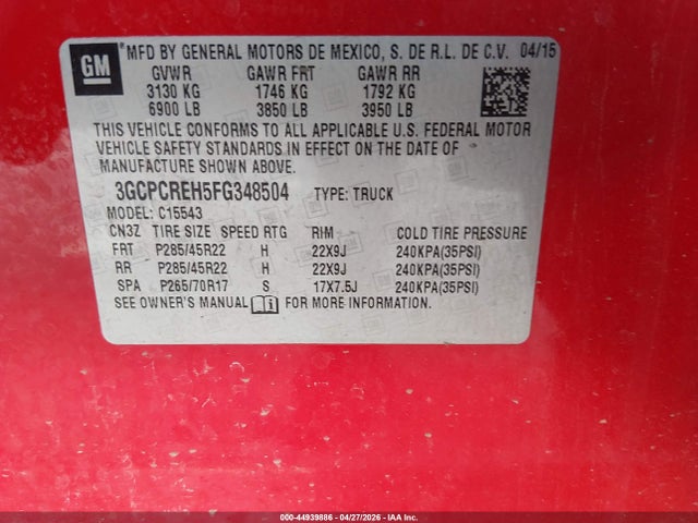 44939886 :رقم المزاد ، 3GCPCREH5FG348504 vin ، 2015 Chevrolet Silverado 1500 1lt مزاد بيع