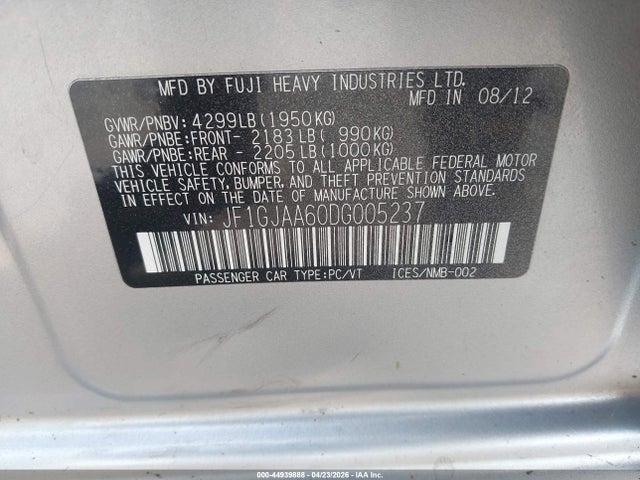Продаж на аукціоні авто 2013 Subaru Impreza 2.0i, vin: JF1GJAA60DG005237, номер лоту: 44939888