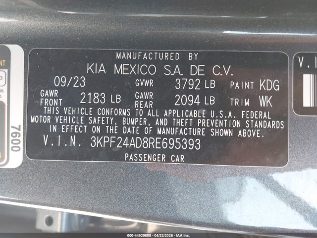Aukcja sprzedaży 2024 Kia Forte Lx, vin: 3KPF24AD8RE695393, numer aukcji: 44939889