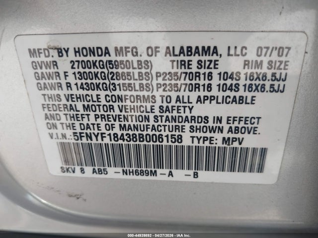 Продаж на аукціоні авто 2008 Honda Pilot Ex, vin: 5FNYF18438B006158, номер лоту: 44939892