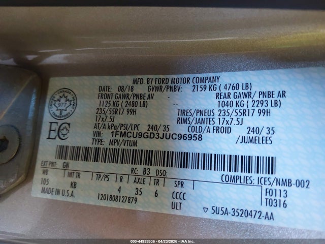 44939906 :رقم المزاد ، 1FMCU9GD3JUC96958 vin ، 2018 Ford Escape Se مزاد بيع