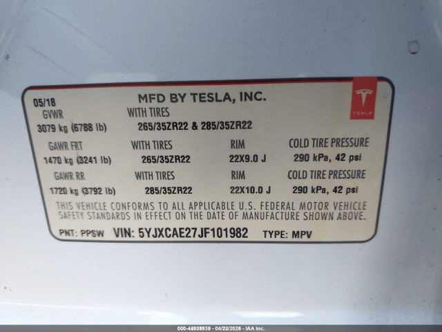 Продажа на аукционе авто 2018 Tesla Model X 100d/75d/p100d, vin: 5YJXCAE27JF101982, номер лота: 44939939
