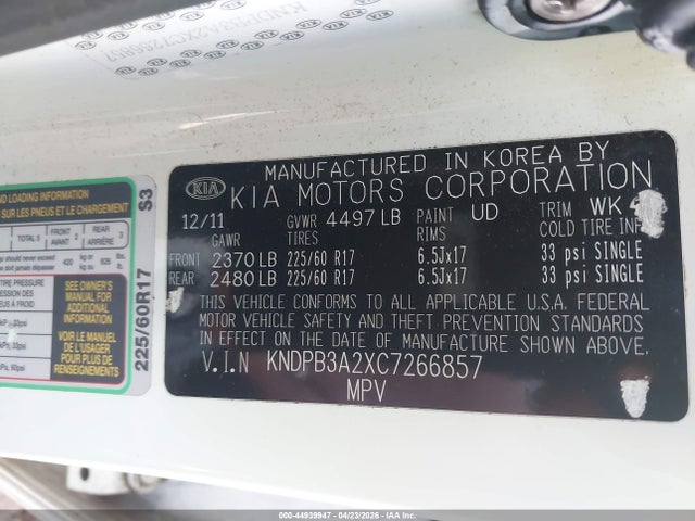 2012 Kia Sportage Lx მანქანა იყიდება აუქციონზე, vin: KNDPB3A2XC7266857, აუქციონის ნომერი: 44939947