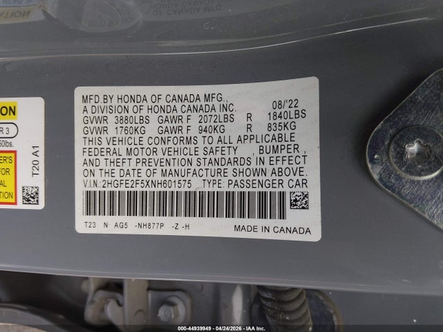 Aukcja sprzedaży 2022 Honda Civic Sport, vin: 2HGFE2F5XNH601575, numer aukcji: 44939949