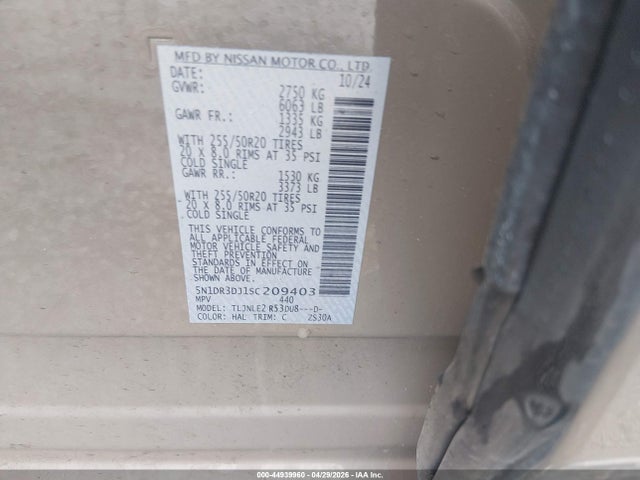 Продаж на аукціоні авто 2025 Nissan Pathfinder Platinum 4wd, vin: 5N1DR3DJ1SC209403, номер лоту: 44939960