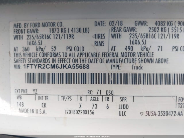 44939979 :رقم المزاد ، 1FTYR2CM6JKA55688 vin ، 2018 Ford Transit-250 مزاد بيع