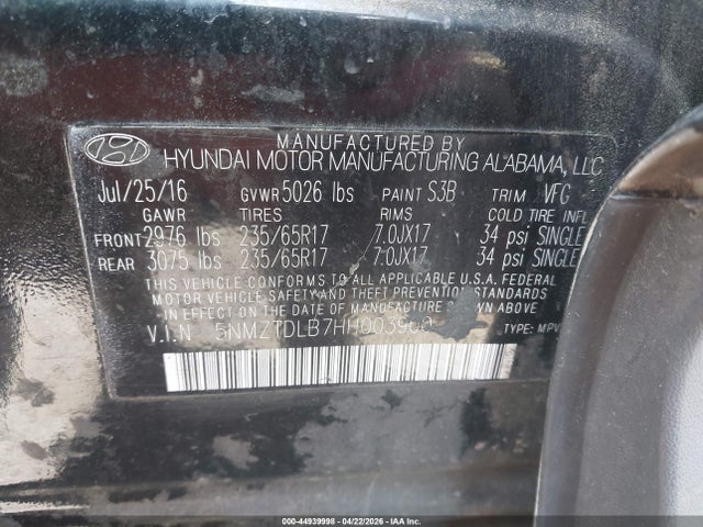 2017 Hyundai Santa Fe Sport 2.4l მანქანა იყიდება აუქციონზე, vin: 5NMZTDLB7HH003900, აუქციონის ნომერი: 44939998