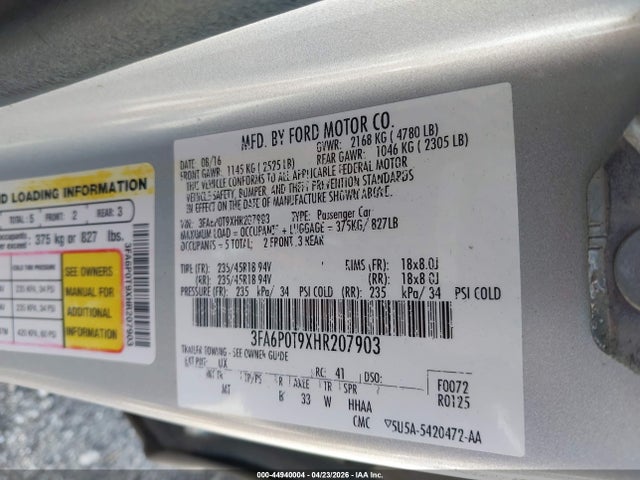 Aukcja sprzedaży 2017 Ford Fusion Se, vin: 3FA6P0T9XHR207903, numer aukcji: 44940004
