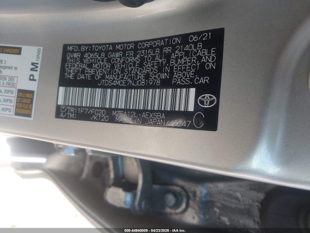 2022 Toyota Corolla Se მანქანა იყიდება აუქციონზე, vin: JTDS4MCE7NJ081978, აუქციონის ნომერი: 44940009
