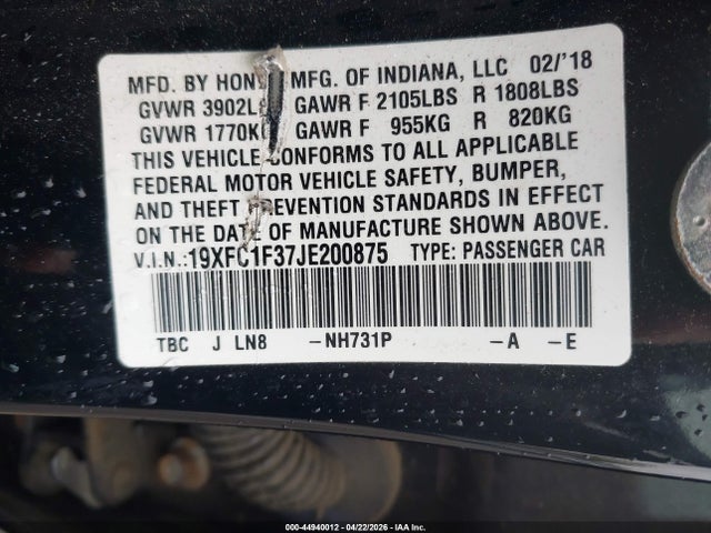 19XFC1F37JE200875 Honda Civic Ex-t