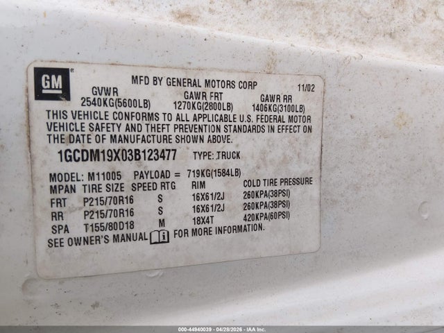 Aukcja sprzedaży 2003 Chevrolet Astro, vin: 1GCDM19X03B123477, numer aukcji: 44940039