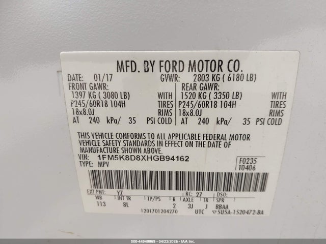 44940069 :رقم المزاد ، 1FM5K8D8XHGB94162 vin ، 2017 Ford Explorer Xlt مزاد بيع