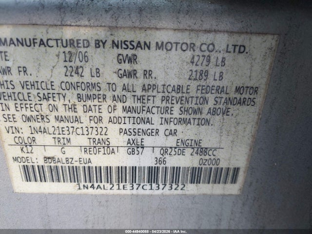 Aukcja sprzedaży 2007 Nissan Altima 2.5 S, vin: 1N4AL21E37C137322, numer aukcji: 44940088