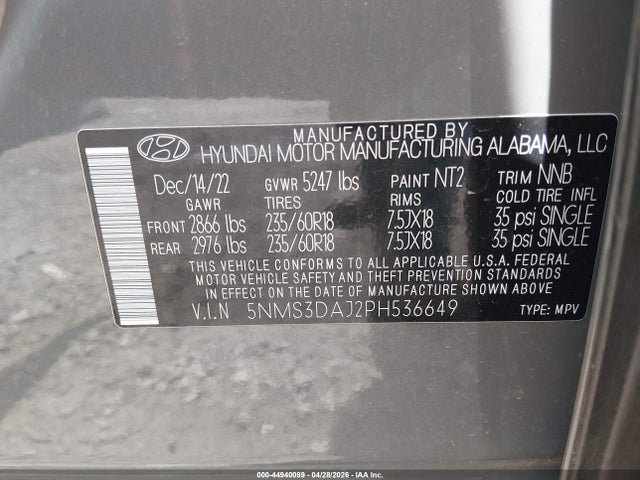 Aukcja sprzedaży 2023 Hyundai Santa Fe Sel, vin: 5NMS3DAJ2PH536649, numer aukcji: 44940089