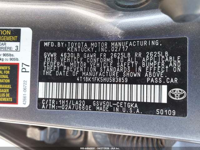 44940091 :رقم المزاد ، 4T1BK1FK5HU583859 vin ، 2017 Toyota Camry Xle V6 مزاد بيع