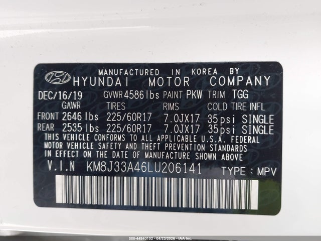 Aukcja sprzedaży 2020 Hyundai Tucson Value, vin: KM8J33A46LU206141, numer aukcji: 44940102