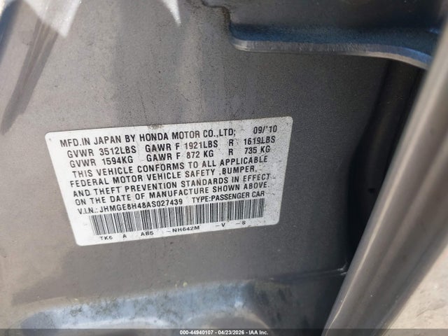 2010 Honda Fit Sport მანქანა იყიდება აუქციონზე, vin: JHMGE8H48AS027439, აუქციონის ნომერი: 44940107